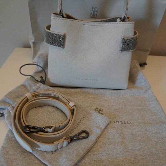 Brunello Cucinelli Essence Bag Small Ivory Suede Top Handle Monili Crossbody New - Picture 6 of 11